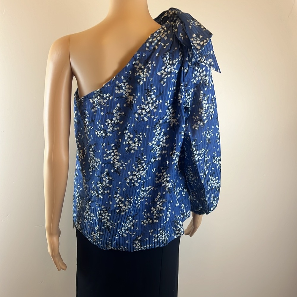 Ulla Johnson Blue Enid One Shoulder Floral Blouse With Bow Tie - Picture 9 of 11